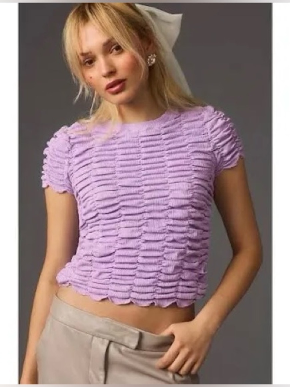 Anthropologie Textured Ruched Short Sleeve Top Purple Smocked Size M
